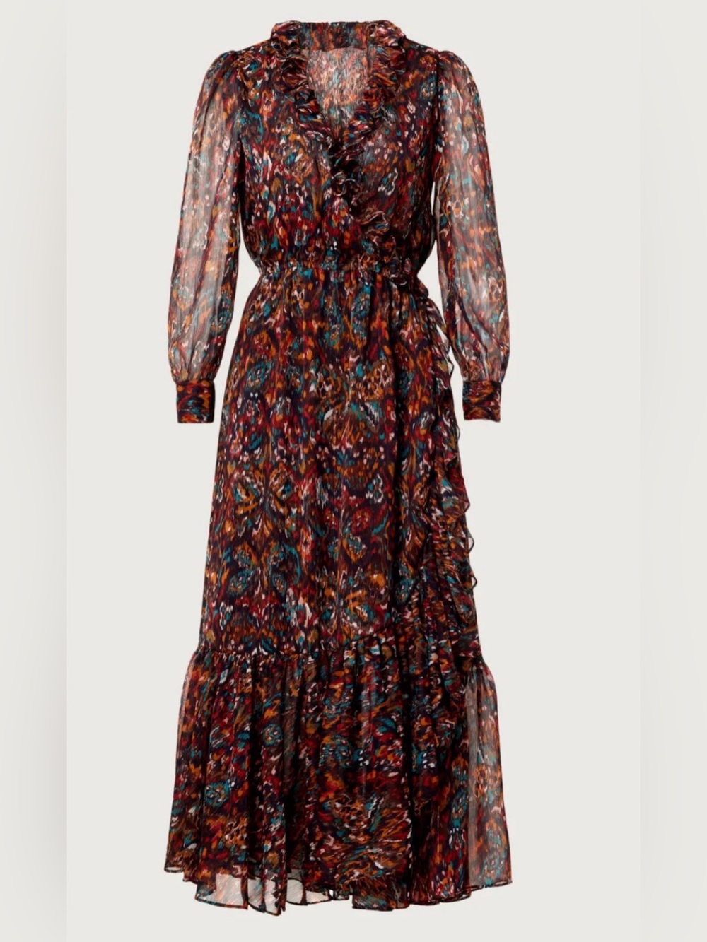 Misa Los Angeles Brown Multicolor Sheer Long-Sleeve Maxi Dress